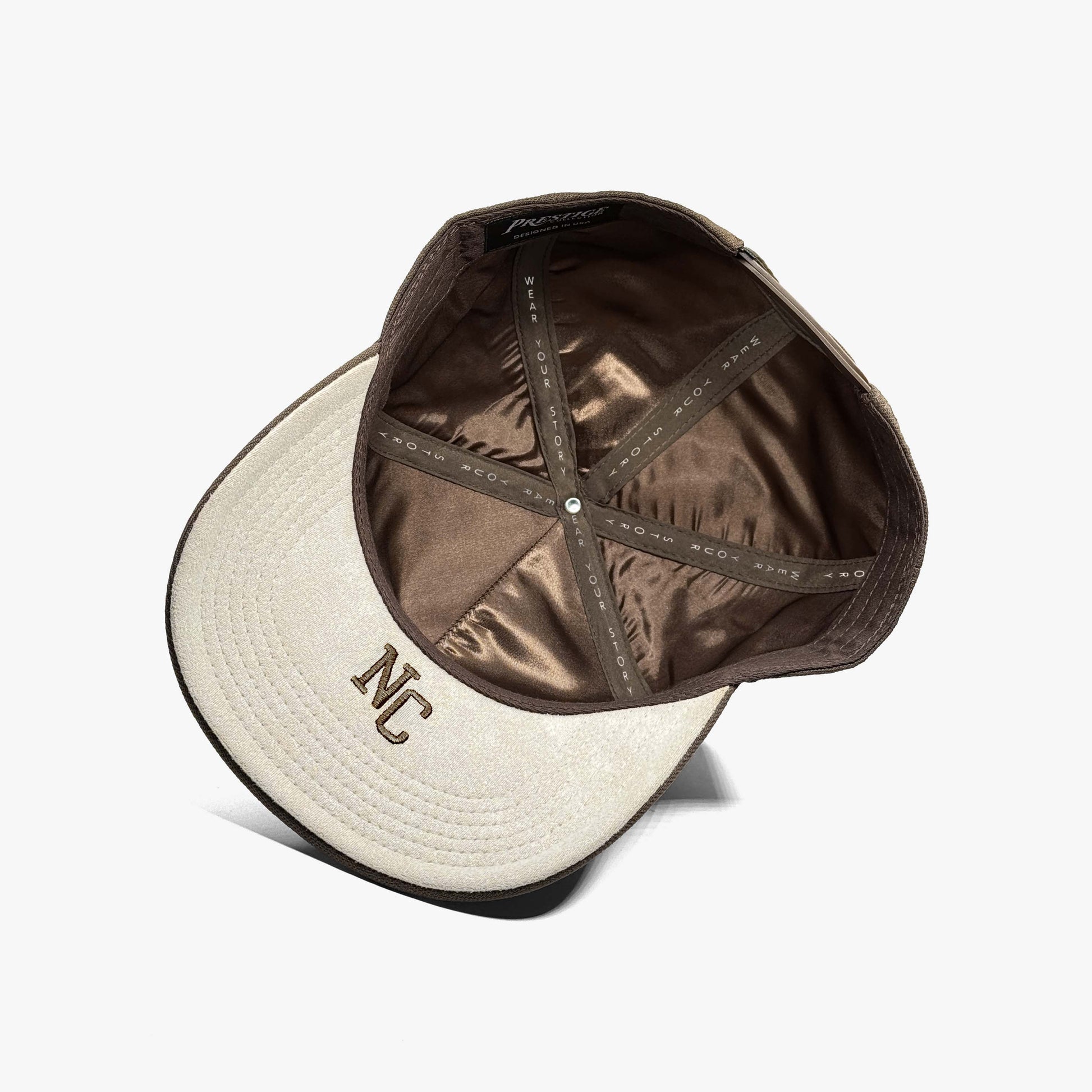 North Carolina Mocha 5-Panel Snapback Hat – Under Brim with NC Abbreviation Embroidery and Satin Interior Lining