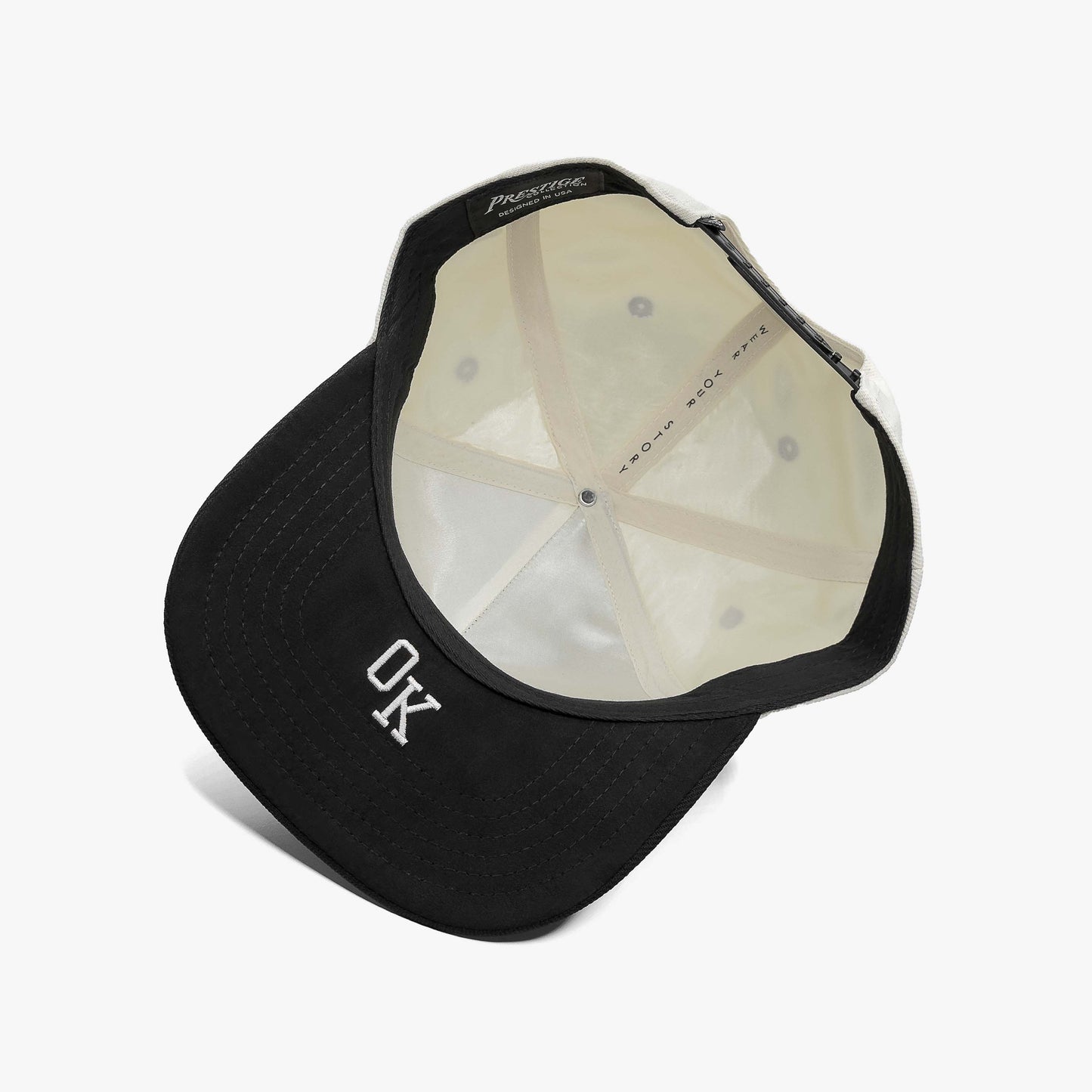 Oklahoma Off White 5-Panel Snapback Hat – Under Brim View with OK Abbreviation Embroidery