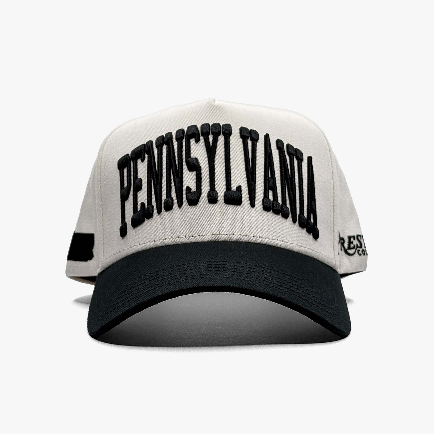 Pennsylvania Off White 5-Panel Snapback Hat – Center Front View with Pennsylvania Embroidery