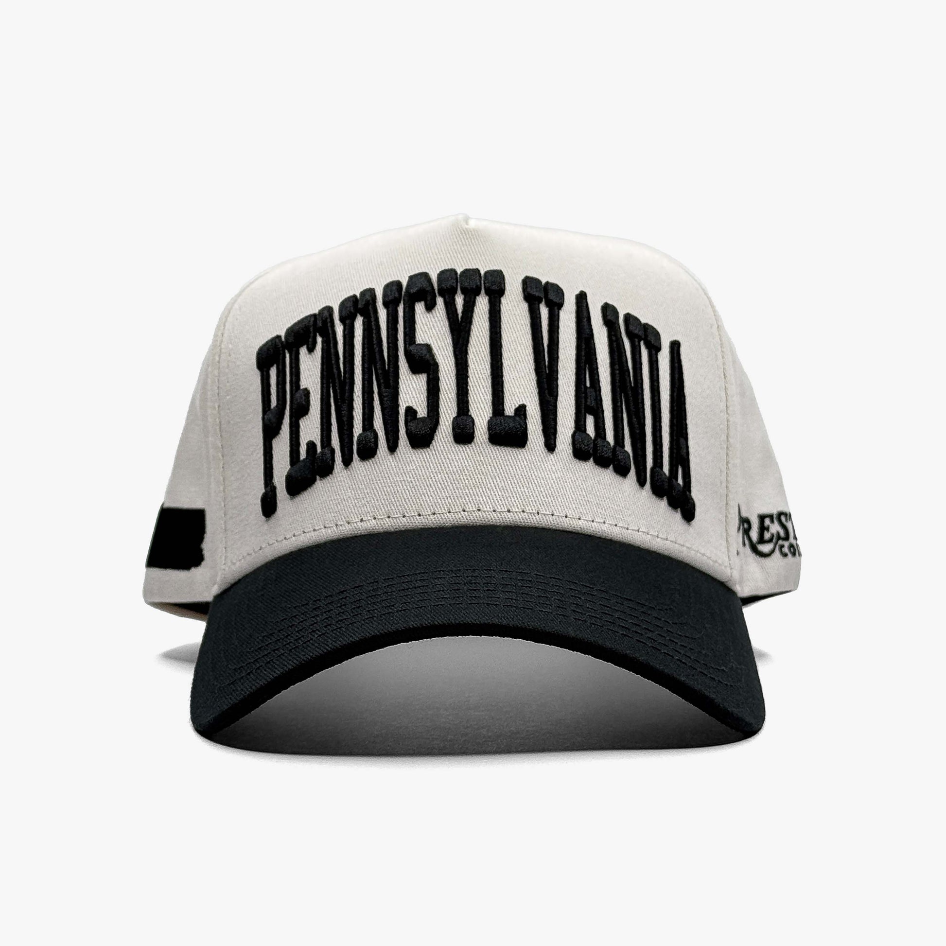 Pennsylvania Off White 5-Panel Snapback Hat – Center Front View with Pennsylvania Embroidery