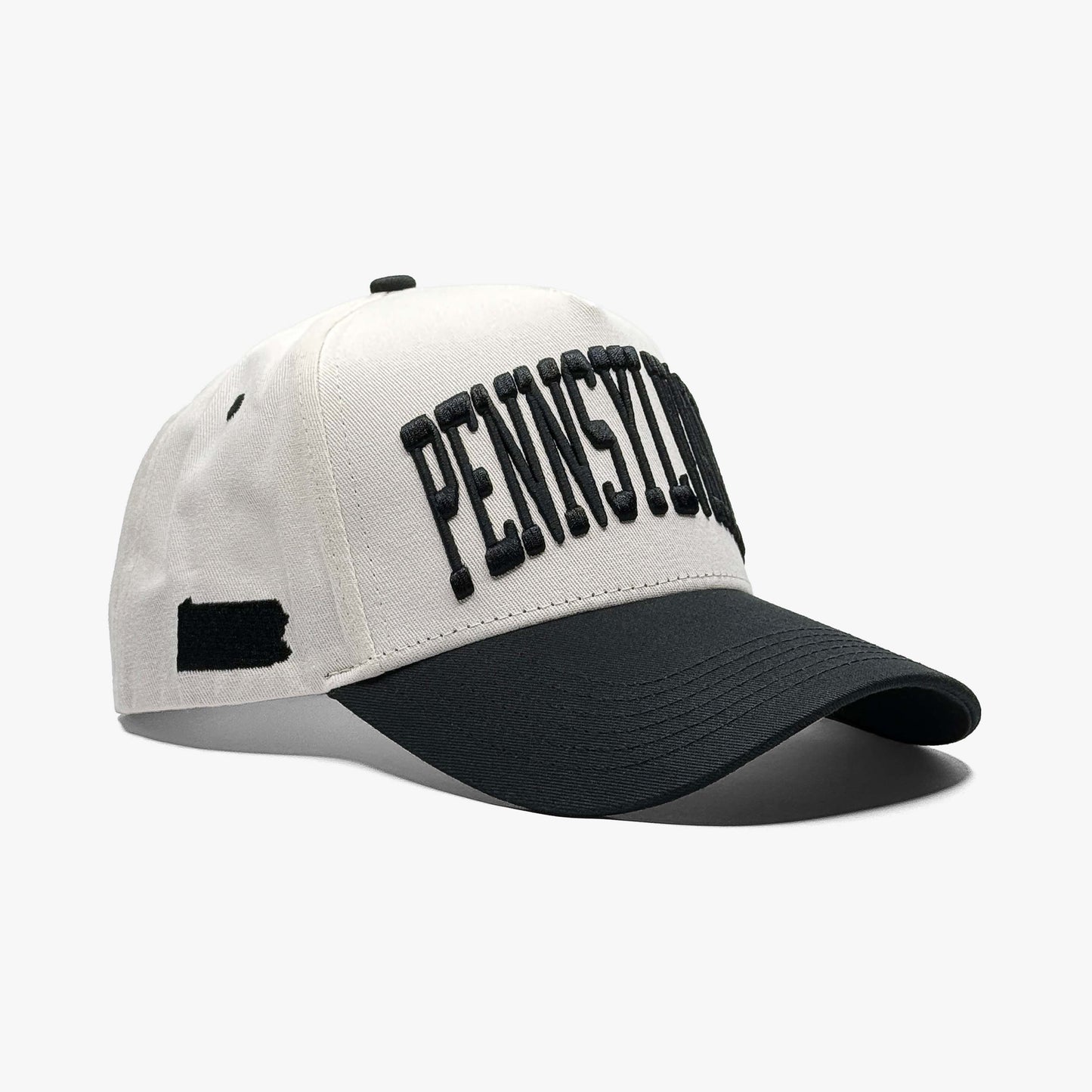 Pennsylvania Off White 5-Panel Snapback Hat – Right Angle View with Pennsylvania State Silhouette Embroidery