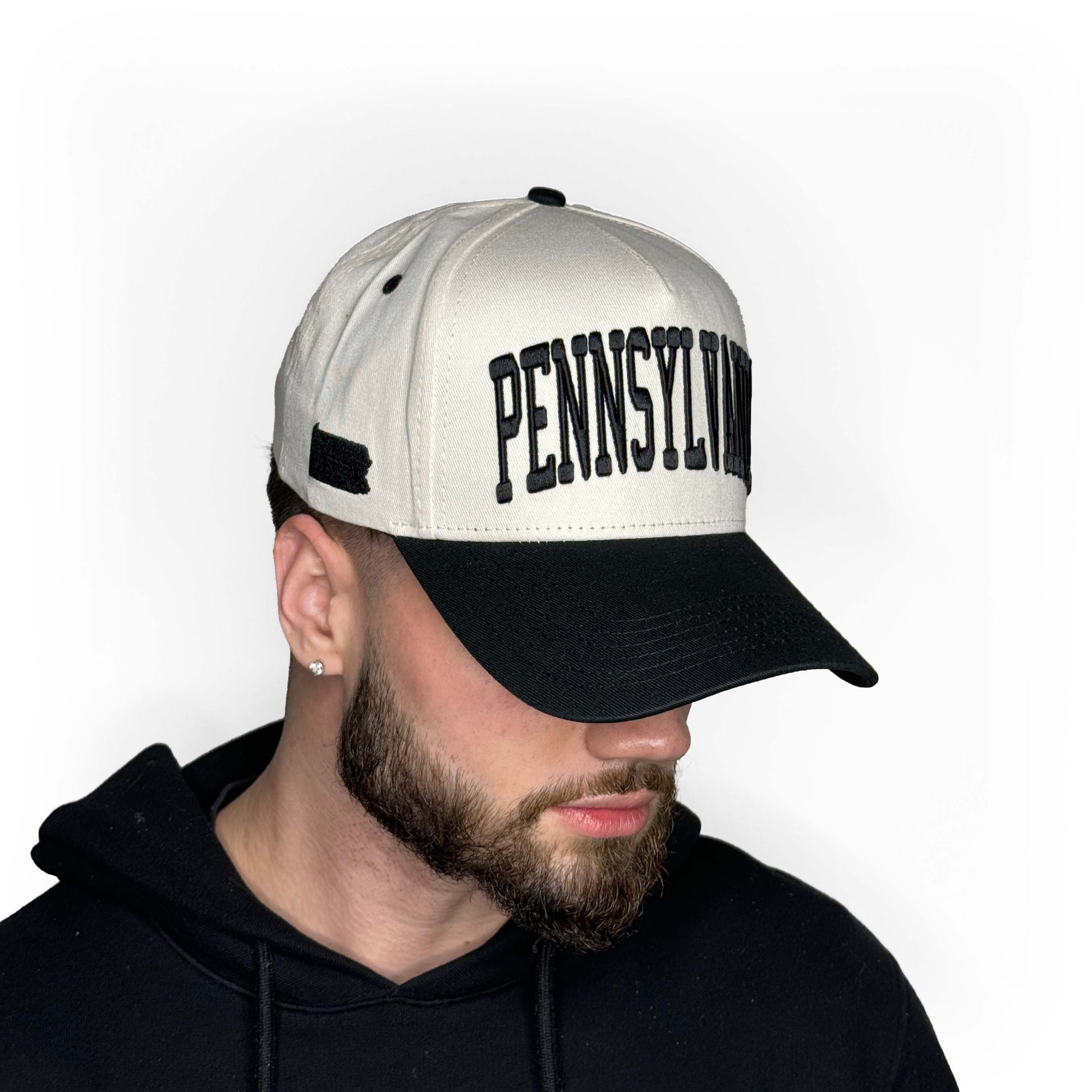 Model Wearing Pennsylvania Off White Snapback – Close-Up Side Profile