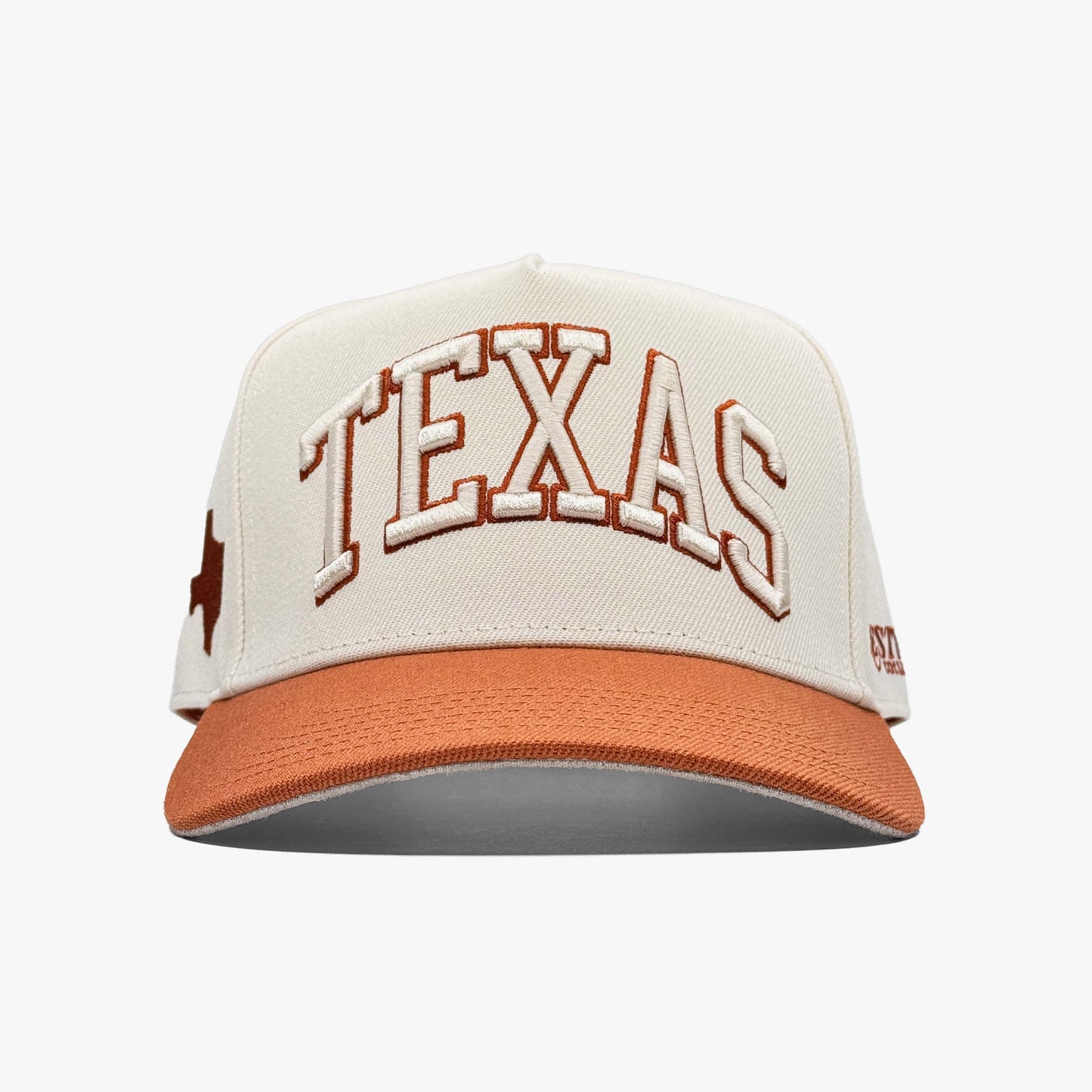Cream and burnt orange Texas snapback hat with embroidered "Texas" wordmark and state of Texas logo