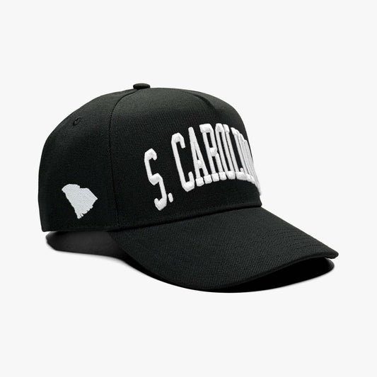 South Carolina Black 5-Panel Snapback Hat – Right Angle View with State Silhouette Embroidery