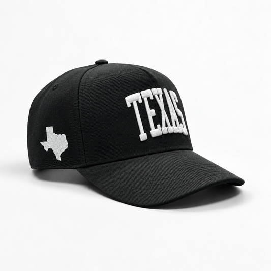 Texas Black 5-Panel Snapback Hat – Right Angle View with State Silhouette Embroidery