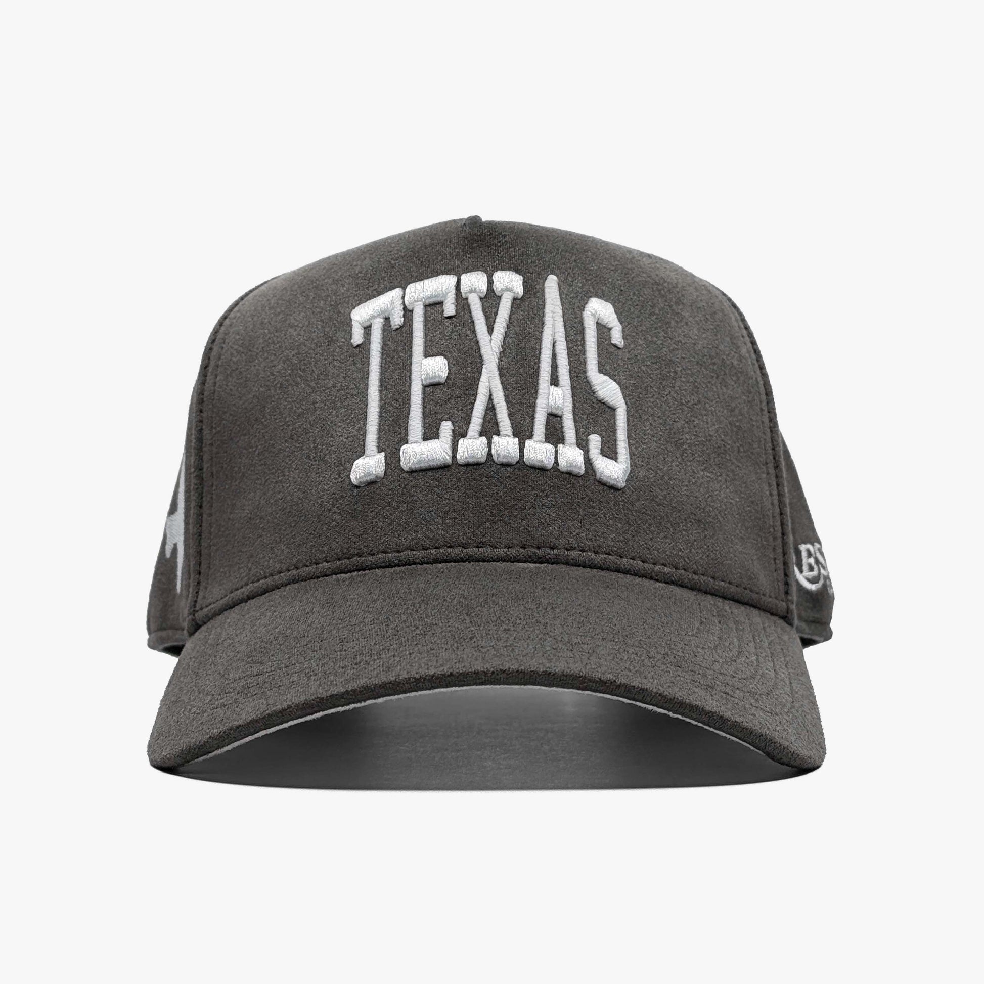 Texas Charcoal Suede 5-Panel Snapback Hat – Prestige Collection Front View with Embroidered Texas Name