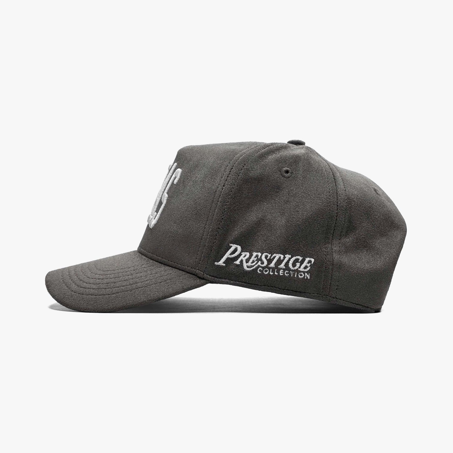 Texas Charcoal Suede 5-Panel Snapback Hat – Prestige Collection Rear Side Angle Showing Logo Embroidery