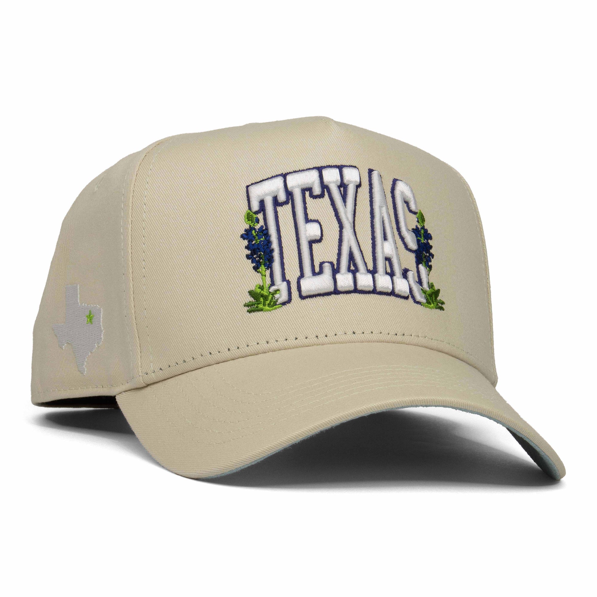Texas Melting Pot Market Collaboration Snapback – Right Angle View with Bluebonnet Embroidery