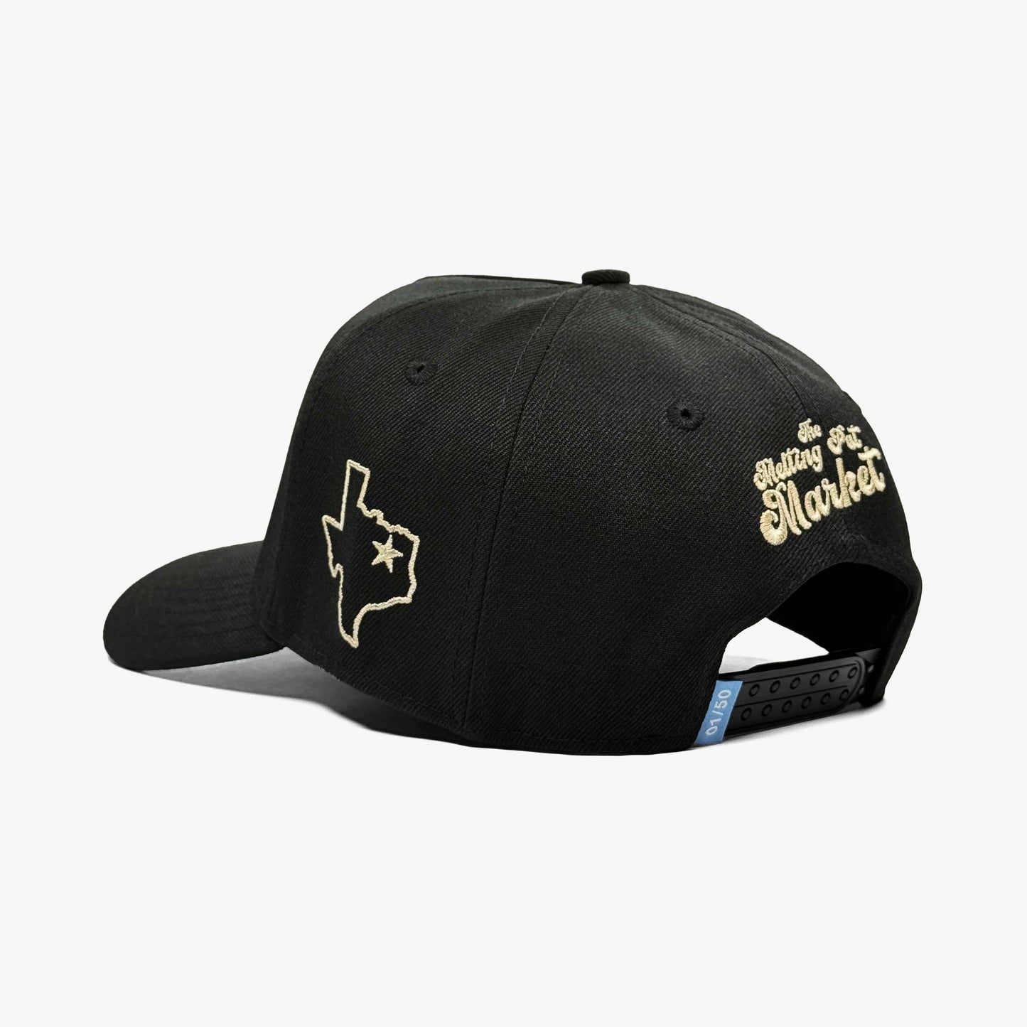 Texas MPM Black 5-Panel Snapback Hat – Rear View Showing State Outline with Star and Prestige Collection Logo