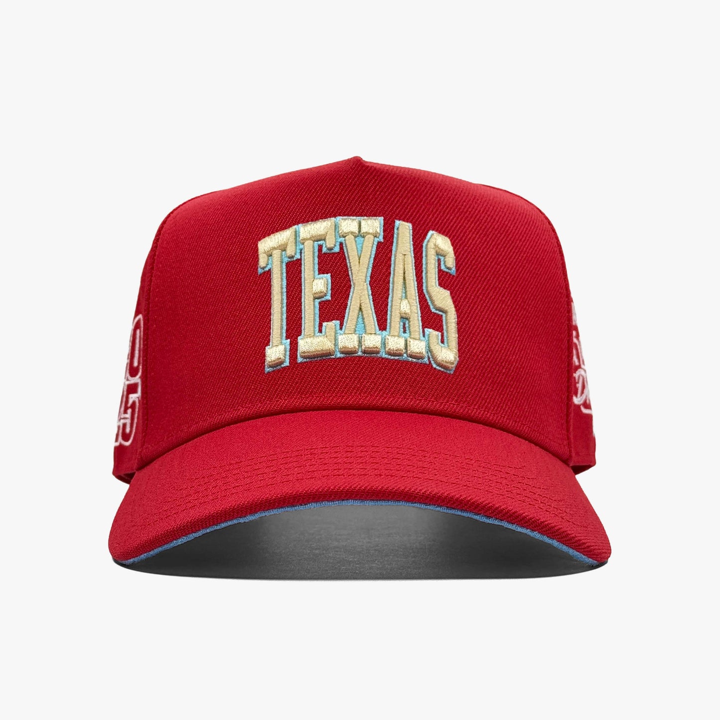 Texas MPM Red 5-Panel Snapback Hat – Center Front View with Texas Embroidery