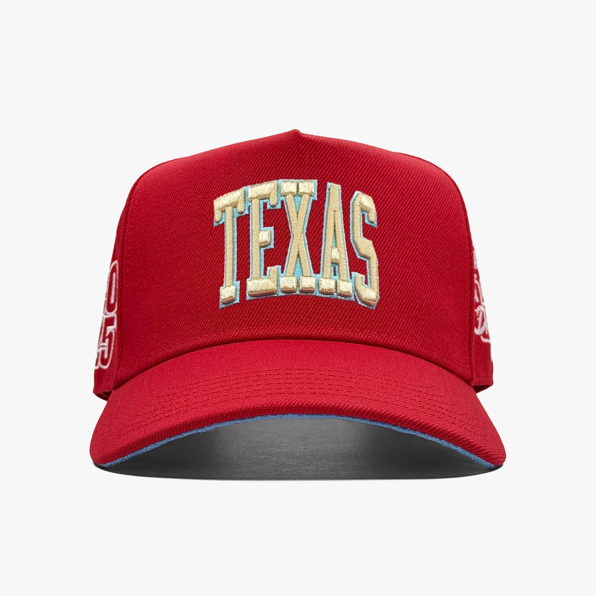 Texas MPM Red 5-Panel Snapback Hat – Center Front View with Texas Embroidery