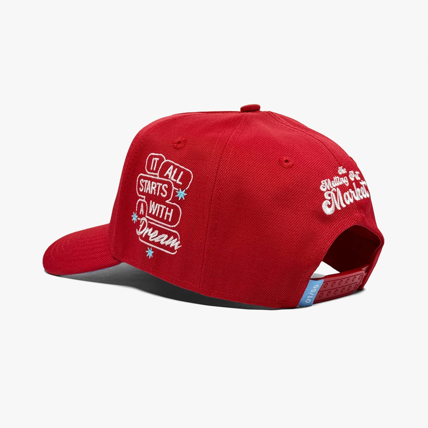 Texas MPM Red 5-Panel Snapback Hat – Rear View Showing State Outline and “It All Starts With a Dream” Embroidery