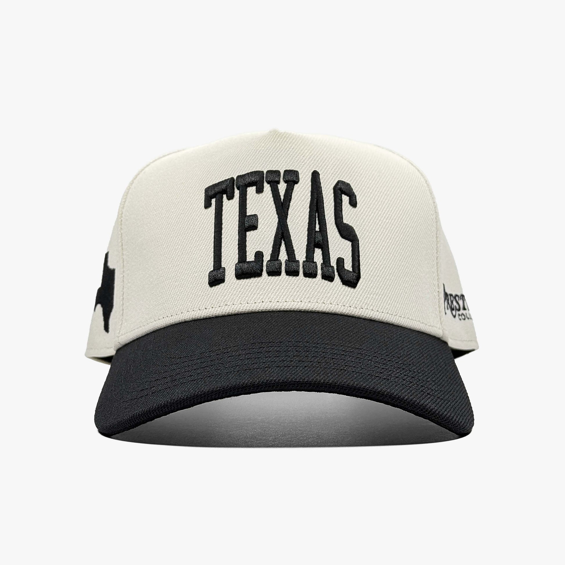 Texas Off White 5-Panel Snapback Hat – Center Front View with Texas Embroidery