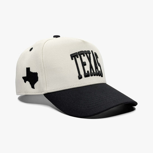 Texas Off White 5-Panel Snapback Hat – Right Angle View with Texas State Silhouette Embroidery