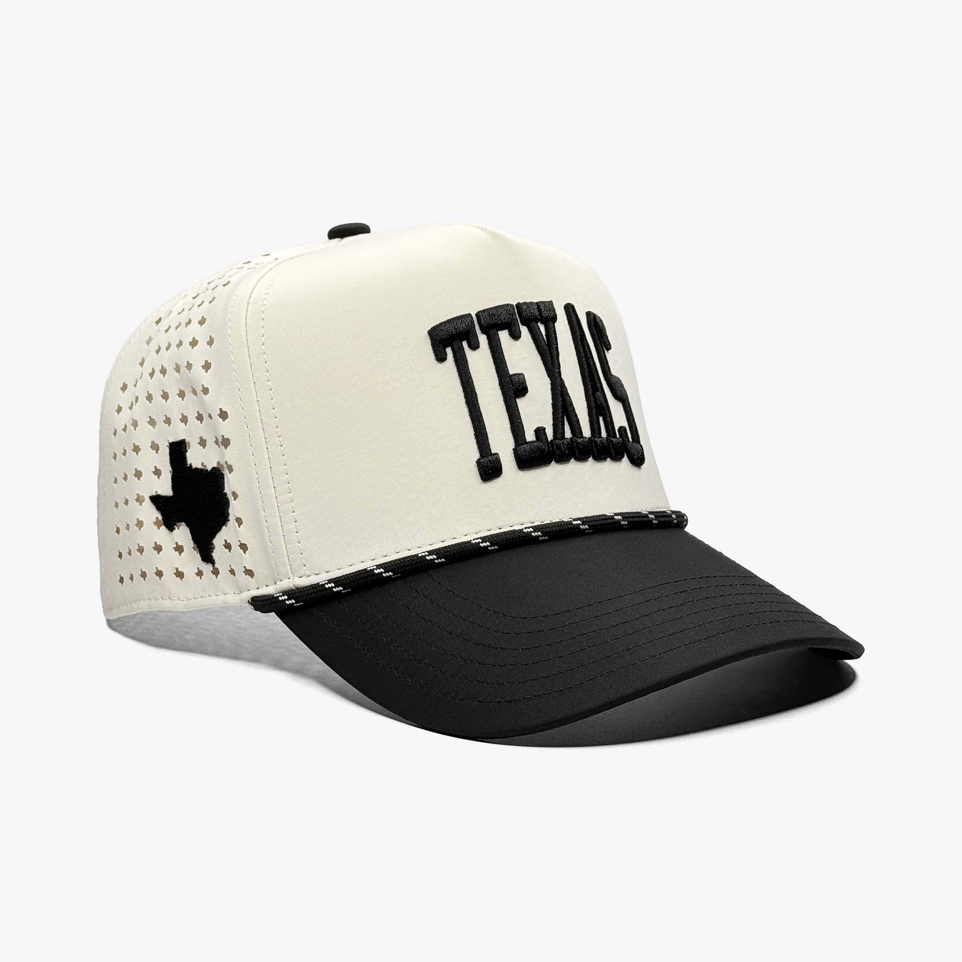 Texas Off White Performance Snapback Hat – Right Angle View with Laser-Cut Texas Pattern