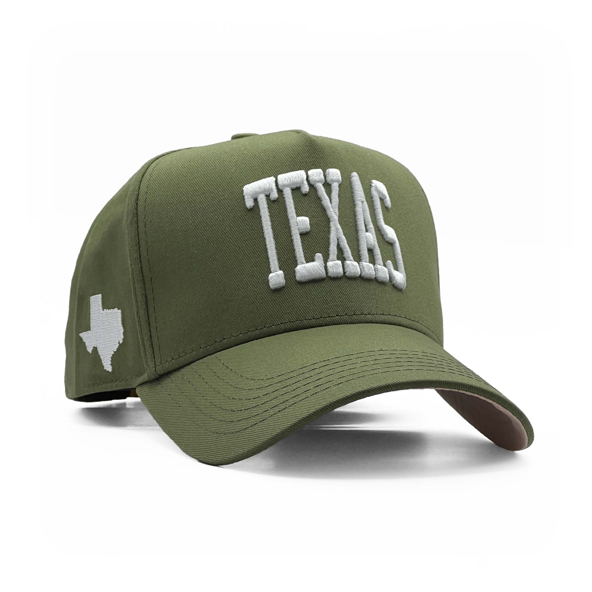 Texas Olive Limited 5-Panel Snapback Hat – Right Angle View with Texas State Silhouette Embroidery