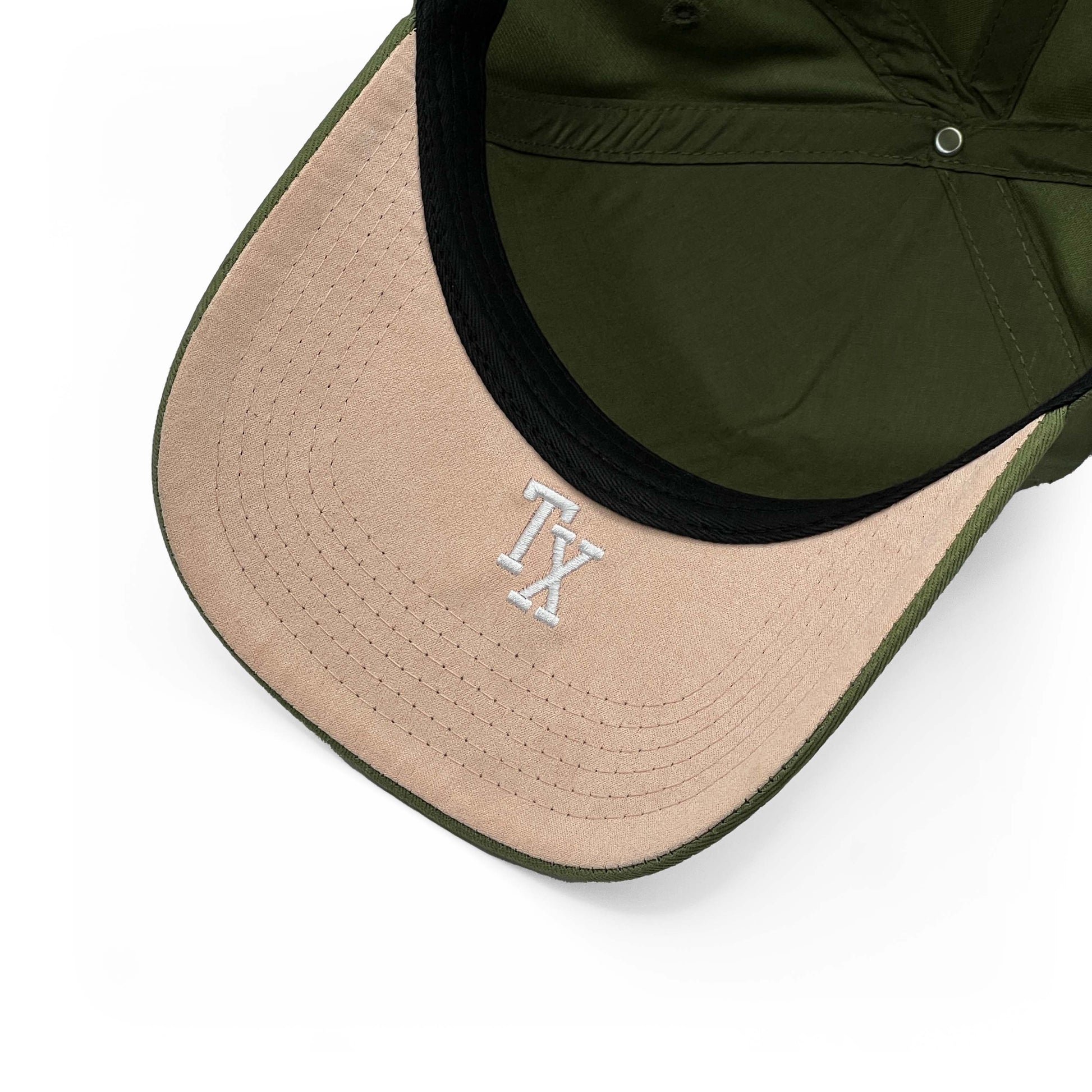 Texas Olive Limited 5-Panel Snapback Hat – Rose Pink Suede Under Brim with TX Abbreviation Embroidery