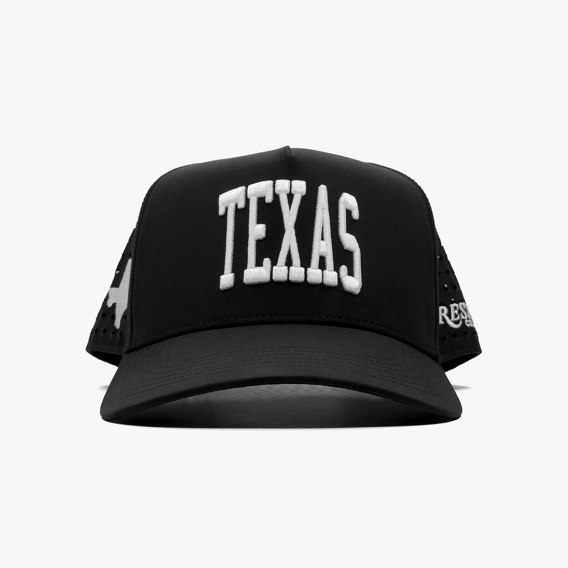 Texas Performance Black 5-Panel Snapback Hat – Center Front View with Texas Embroidery