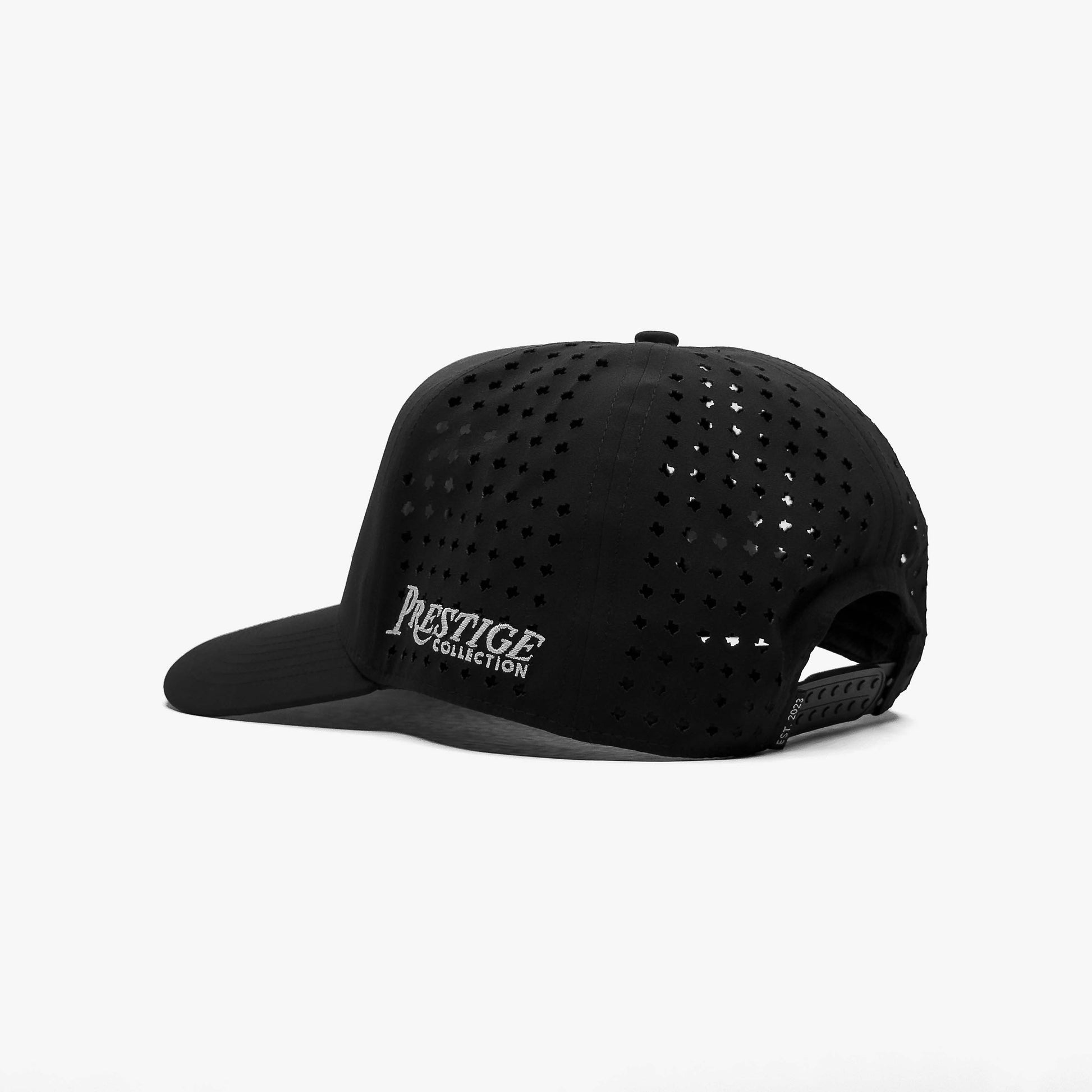 Texas Performance Black 5-Panel Snapback Hat – Rear View Showing Perforated Sides and Prestige Collection Logo