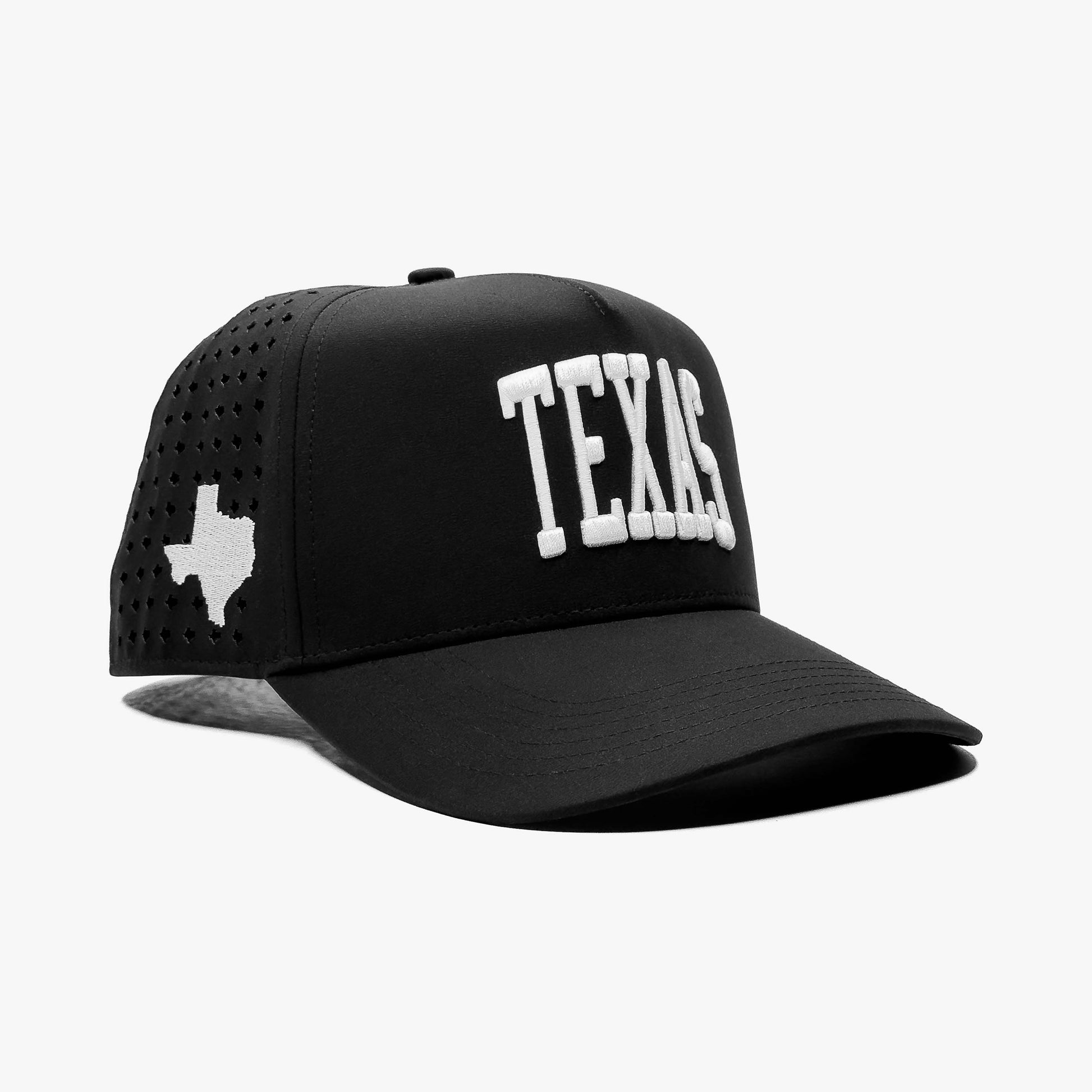 Texas Performance Black 5-Panel Snapback Hat – Right Angle View with Texas State Silhouette EmbroiderY
