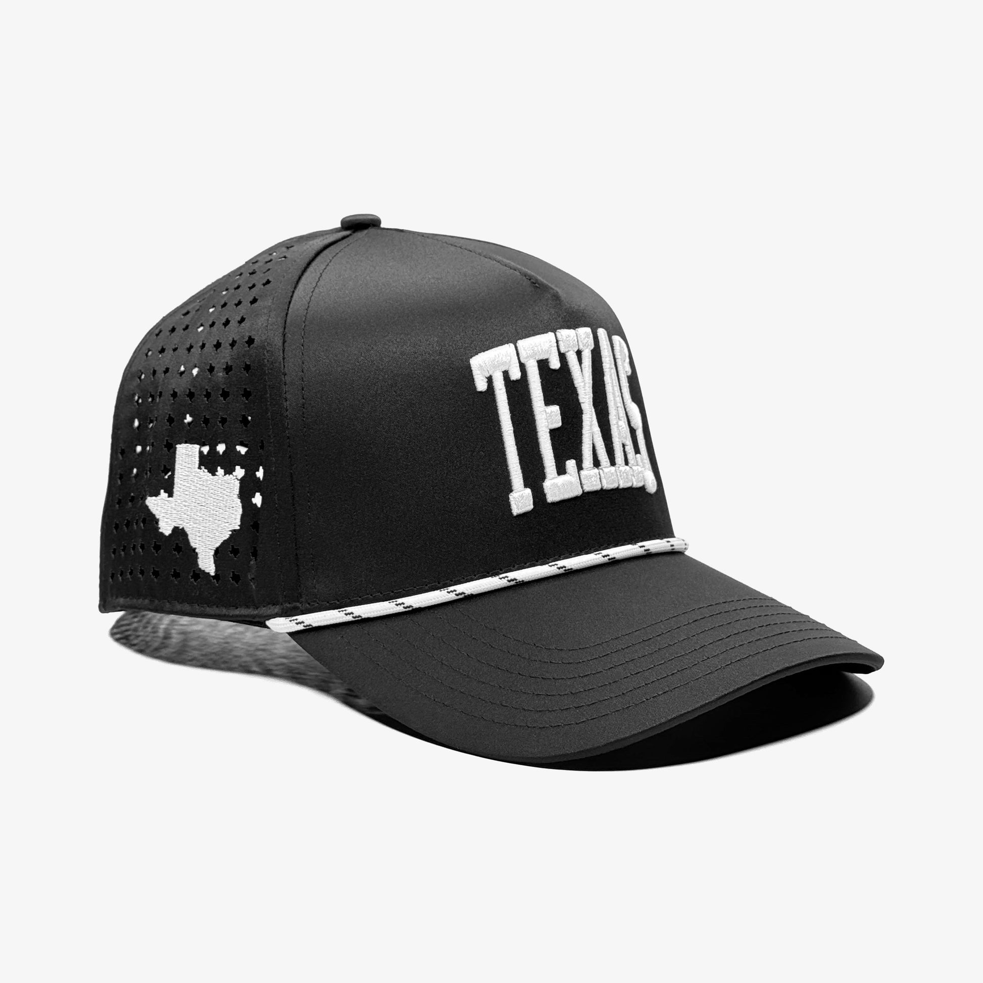Black cap with 'Texas' text and white map of Texas on a white background