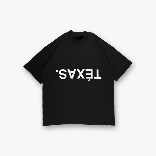 Texas Reflection Tee – Black Edition Front View with Mirrored TEXAS Print