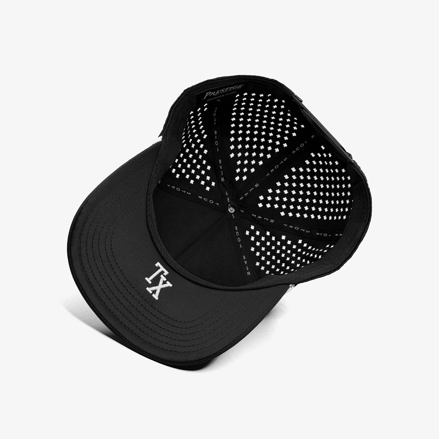 Black cap with a textured pattern on a white background