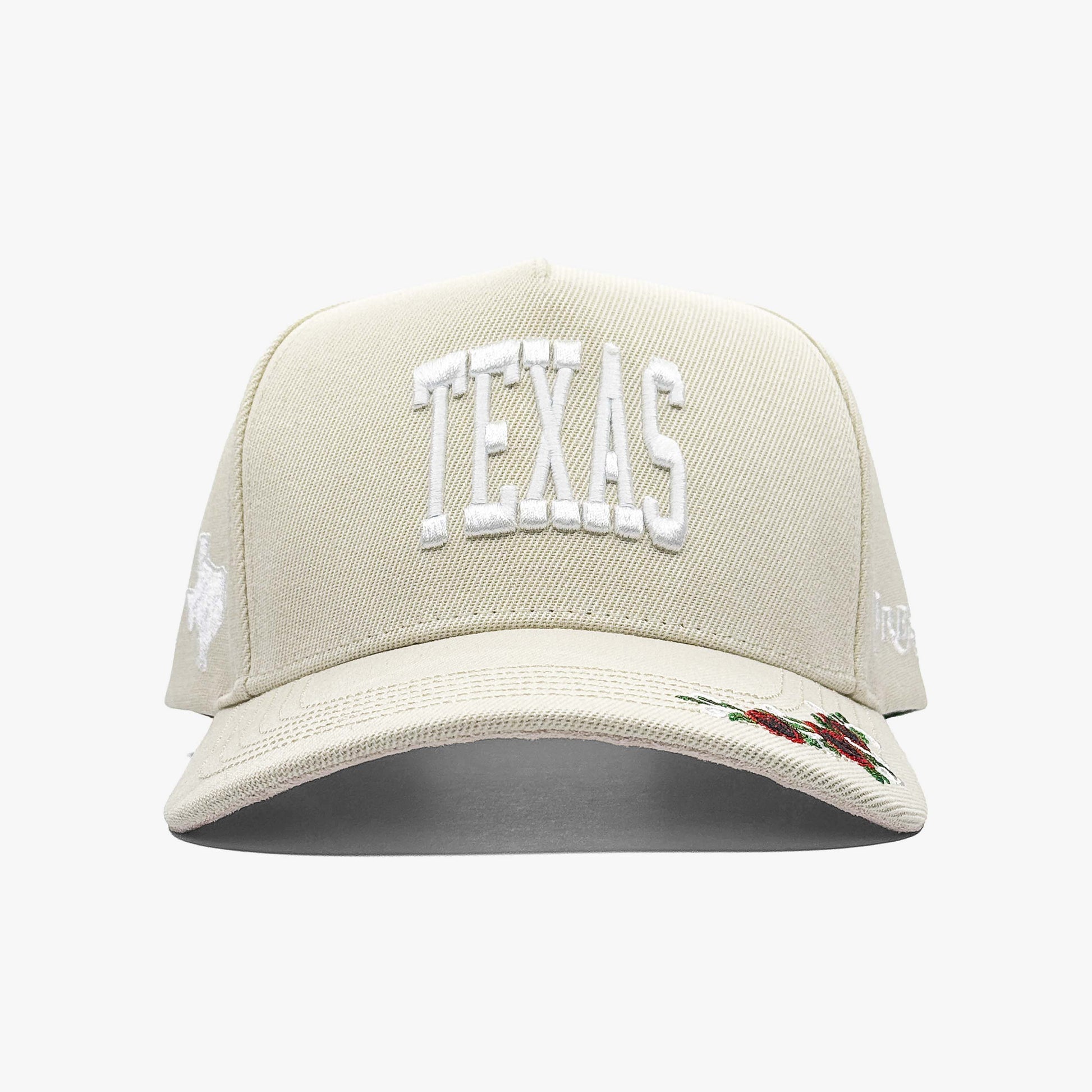 Texas Valentine’s Cream 5-Panel Snapback Hat – Front View with Texas Embroidery