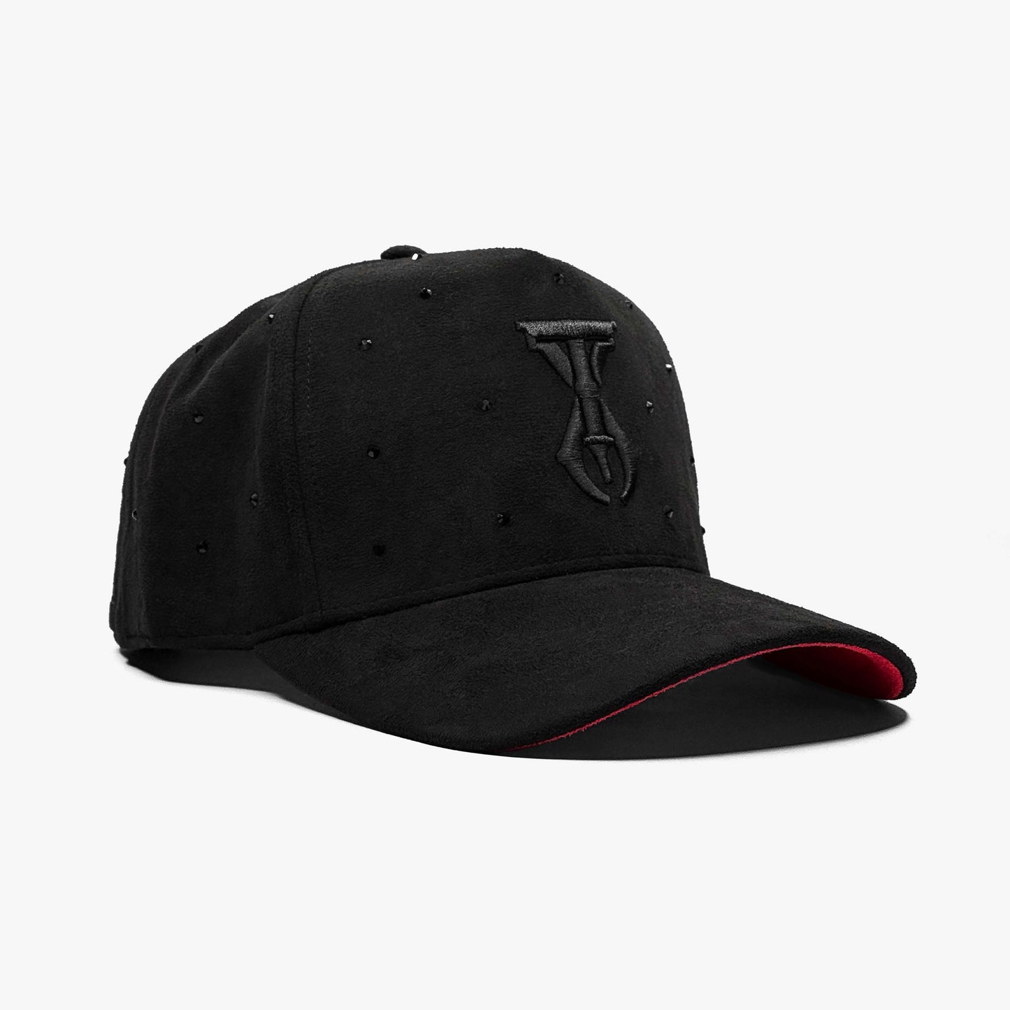 TX Starlight Smoke Edition hat angled front view with premium black suede and red under brim