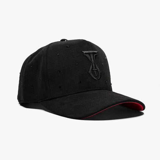 TX Starlight Smoke Edition hat angled front view with premium black suede and red under brim