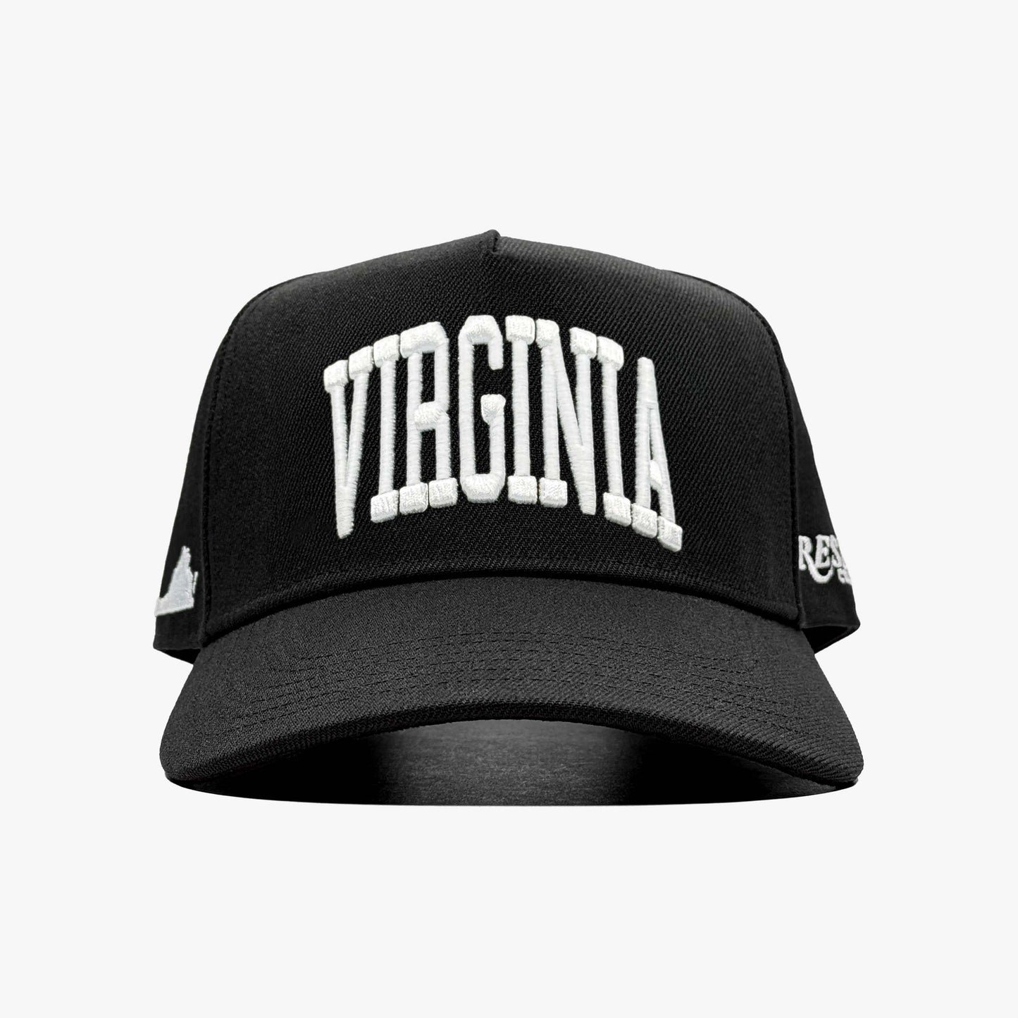 Virginia Black 5-Panel Snapback Hat – Center Front View with Virginia State Embroidery