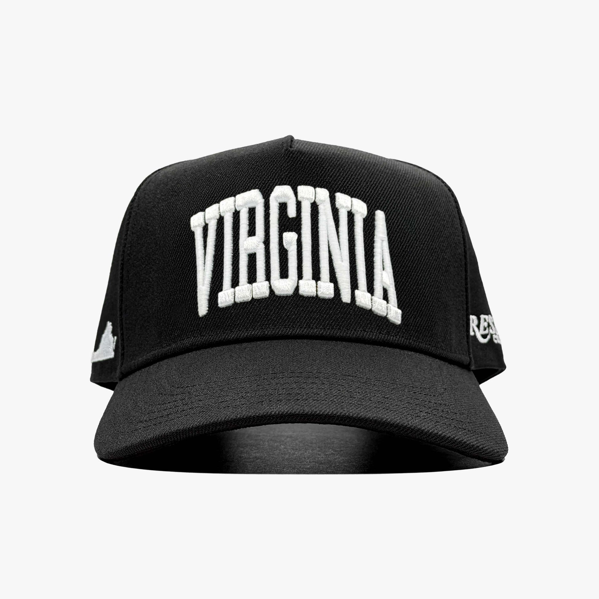 Virginia Black 5-Panel Snapback Hat – Center Front View with Virginia State Embroidery