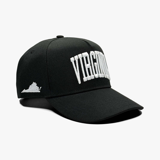 Virginia Black 5-Panel Snapback Hat – Right Angle View with State Silhouette Embroidery