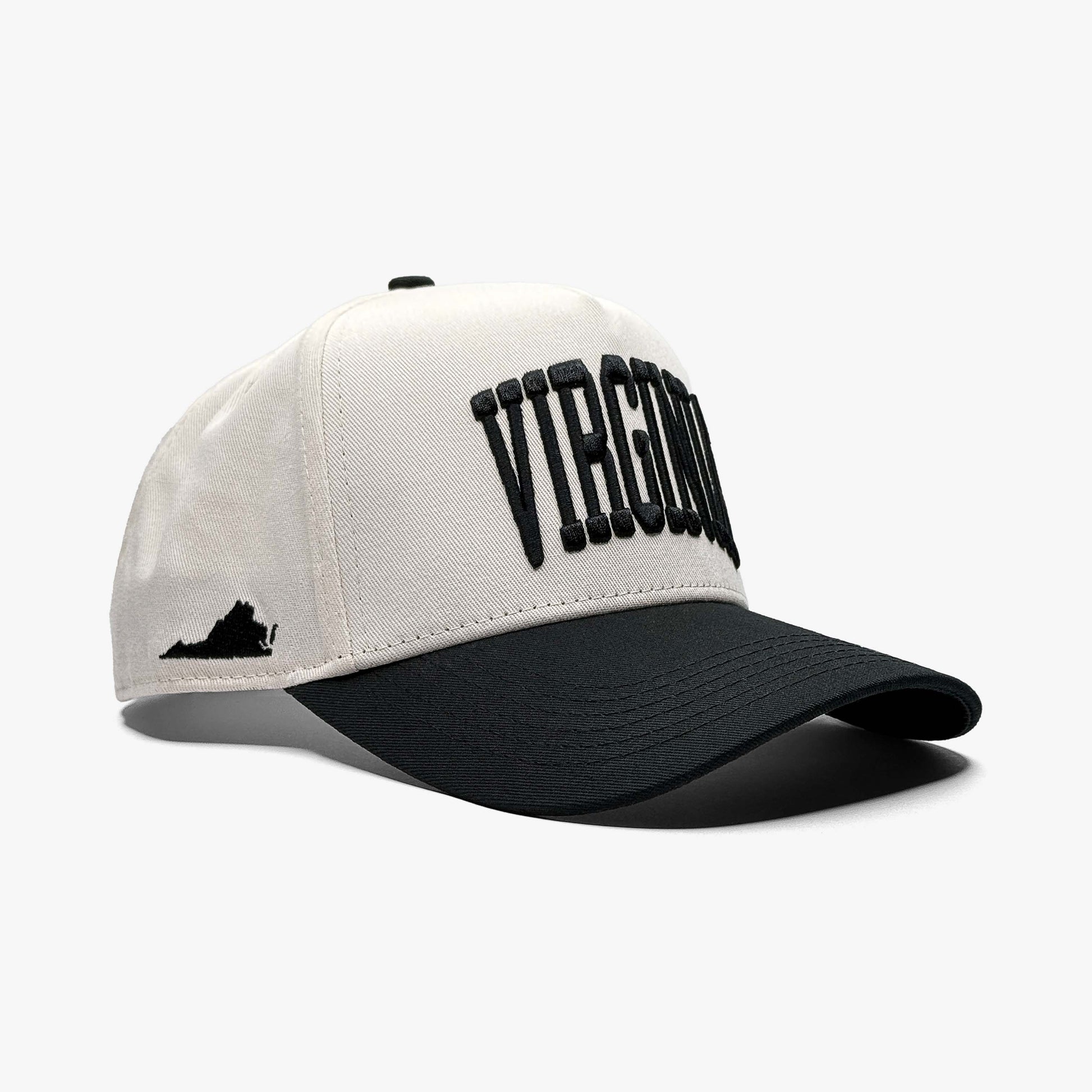 Virginia Off White 5-Panel Snapback Hat – Right Angle View with State Silhouette Embroidery